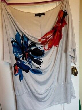 Light Gray Floral Draped Top with Blue & Red Accents